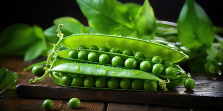 Pods of green sweet peas on a wooden table.の素材