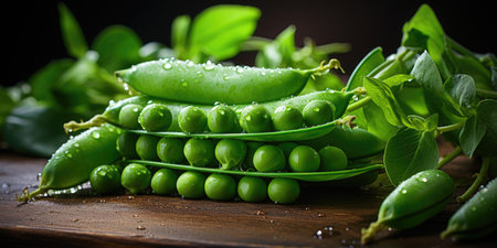 Pods of green peas and herbs on a wooden table, vegetarian food.の素材