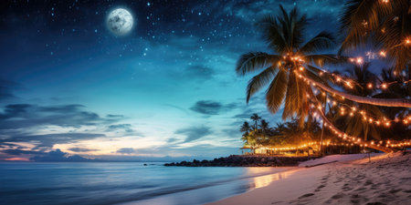 Palm tree decorated for Christmas or New Year on an azure beach, Shot for a poster or postcard.の素材