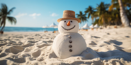 Cute happy Snowman on the azure beach, Happy Christmas or New Year.の素材