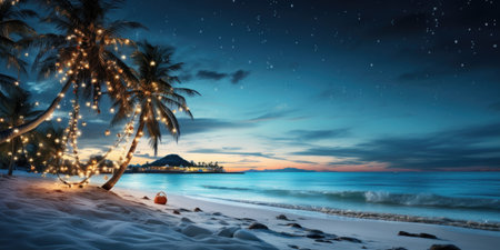 Palm tree decorated for Christmas or New Year on an azure beach, Shot for a poster or postcard.の素材