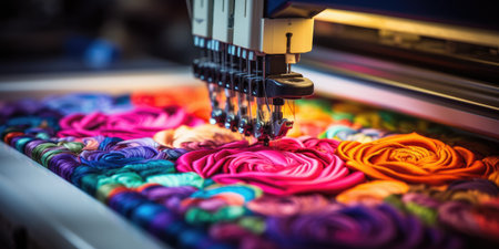 Beautiful multi-colored bright machine embroidery. Digital textile industry.の素材