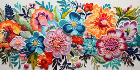 Floral embroidery, many different embroidered flowers on fabric. Colorful pattern.の素材
