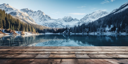 Beautiful winter mountain landscape with a lake on the background of an empty wooden tableの素材