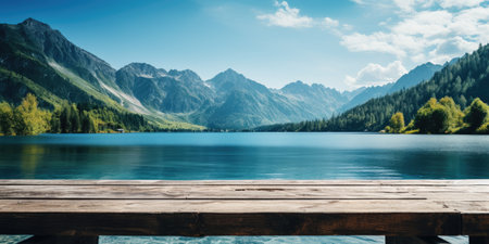 Empty wooden table against the backdrop of a summer mountain lake, copy space.の素材