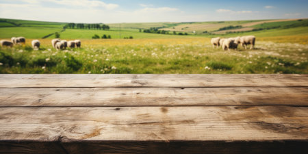 Simple empty wooden table against the background of a field with sheep, space for advertising.の素材