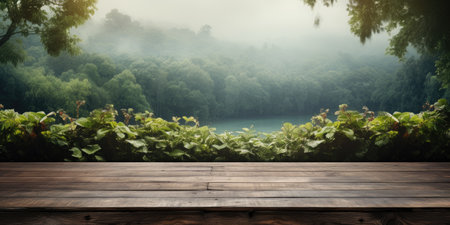Mountain landscape with trees on the background of a wooden table with copy spaceの素材