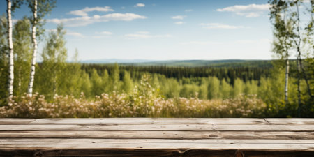 Wooden table with copy space against a background of beautiful birch trees.の素材