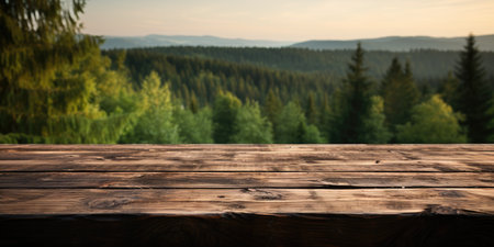 Mountain landscape with trees on the background of a wooden table with copy spaceの素材