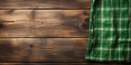Green napkin on a wooden table in a cafe, top view, space for text.の素材