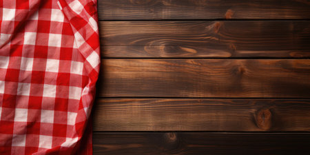 Red napkin on a wooden table in the kitchen, top view, space for text.の素材