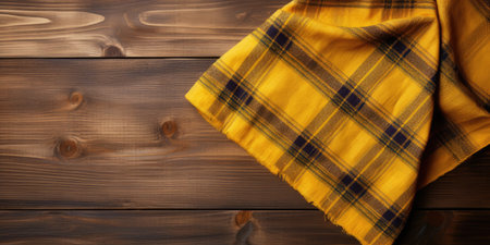 Wooden background with yellow napkin, top view, space for text or your item.の素材
