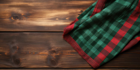 Green napkin on a wooden table in a cafe, top view, space for text.の素材