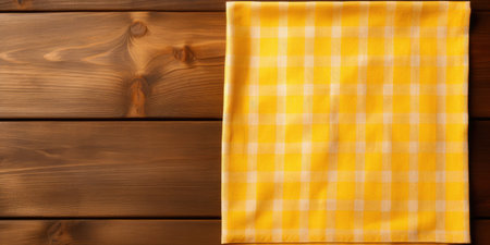 Wooden background with yellow napkin, top view, space for text or your item.の素材