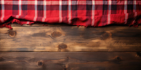 Red napkin on a wooden table in the kitchen, top view, space for text.の素材