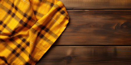 Yellow checkered tablecloth on wooden background. Top view.の素材