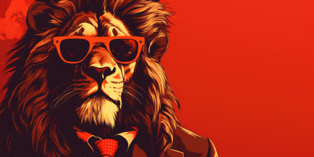 Stylish and fashionable Leo in a business suit on a red background, space for text.の素材