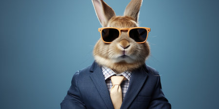 Stylish and cool hare or rabbit in a business suit on a blue background.の素材