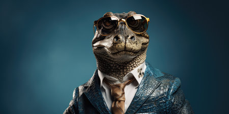 Stylish alligator in a business suit on a blue background.の素材