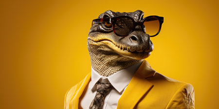 Stylish crocodile in a business suit on a yellow background.の素材