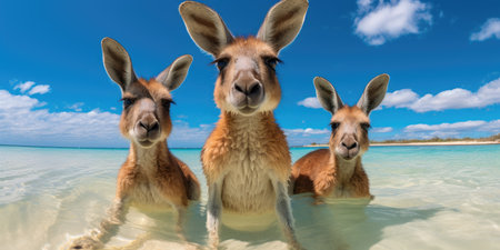 Funny and cute kangaroos in the water close-upの素材