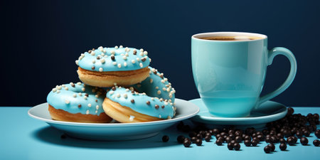 Appetizing and sweet donuts with different toppings, space for text.の素材