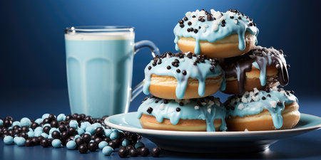 Appetizing and sweet donuts with different toppings, space for text.の素材
