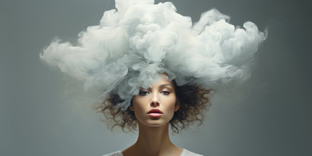 Young woman with a cloud of smoke in her head. Theme of depression and mental health.の素材