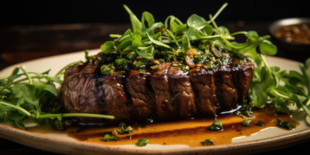 Classic steak on a white plate with bright greens.の素材