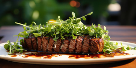Classic grilled ribeye steak with vibrant greens.の素材