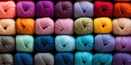Many different balls of wool or yarn. Top view, handicraft and hobby theme.の素材
