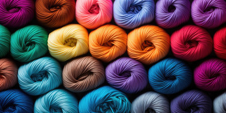 Many colorful bright balls of wool and cotton yarn. Top view. High quality photoの素材