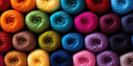 Many colorful bright balls of wool and cotton yarn. Top view. High quality photoの素材