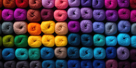 Many different balls of wool or yarn. Top view, handicraft and hobby theme.の素材
