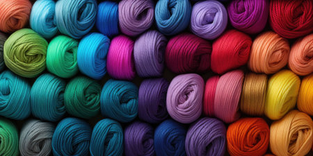 Many different balls of wool or yarn. Top view, handicraft and hobby theme.の素材