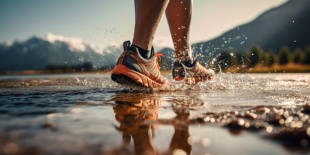An athlete jogs near a lake against the backdrop of a mountain landscape, healthy lifestyle.の素材