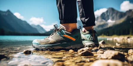 Athlete against the backdrop of a mountain landscape, healthy lifestyleの素材