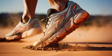 low shot of athlete's legs against desert background, sports shoes, sand.の素材