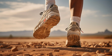 low shot of athlete's legs against desert background, sports shoes, sand.の素材