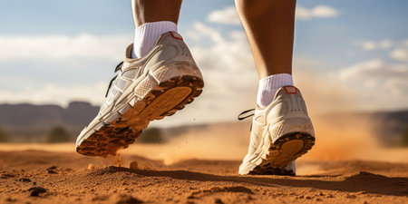 low shot of athlete's legs against desert background, sports shoes, sand.の素材