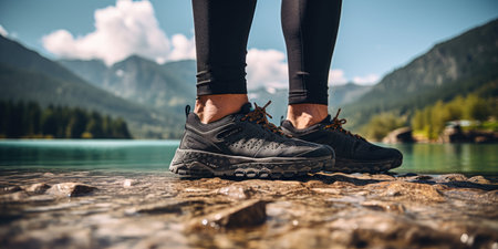 low shot of an athlete's legs against a background of mountains, sports shoes.の素材