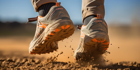 low shot of athlete's legs against desert background, sports shoes, sand.の素材