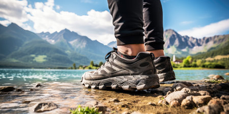 Athlete against the backdrop of a mountain landscape, healthy lifestyleの素材
