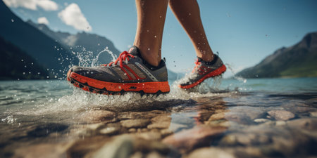low shot of an athlete's legs against a background of mountains, sports shoes.の素材