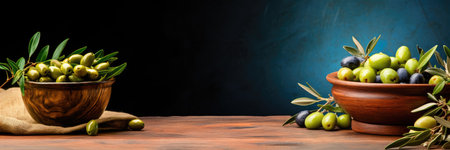 Plate with green olives and black olives on a simple background, space for text. Banner.の素材