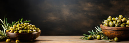 Plate with green olives and black olives on a simple background, space for text. Banner.の素材