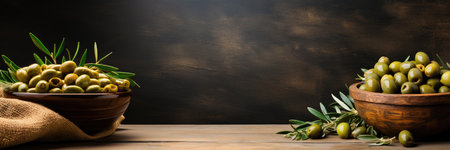 Plate with green olives and black olives on a simple background, space for text. Banner.の素材