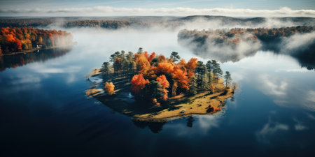 Autumn landscape. Aerial view of a moist autumn island.の素材