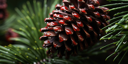 Fir branches with cones, background concept. Pine cones texture.の素材
