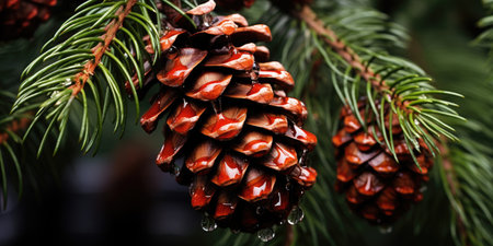 Fir or pine branch with cones close-up with raindrops.の素材